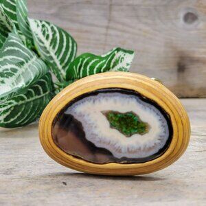 Carved Wood Brass Belt Buckle Inset Sliced Agate Geode Enamel Unisex